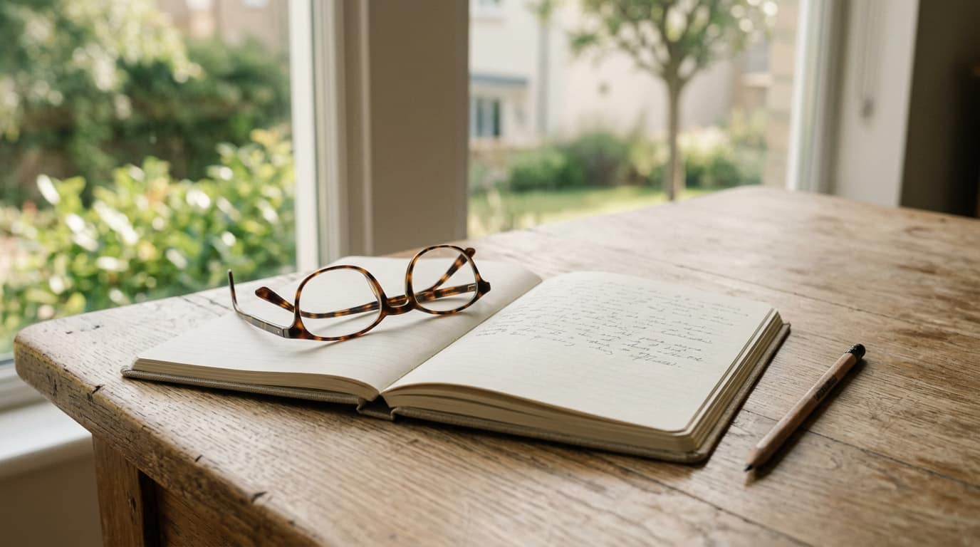 An open notebook beside a cup of coffee