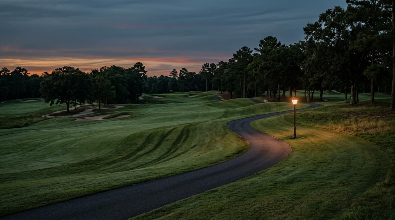 A golf cart parked on a quiet path