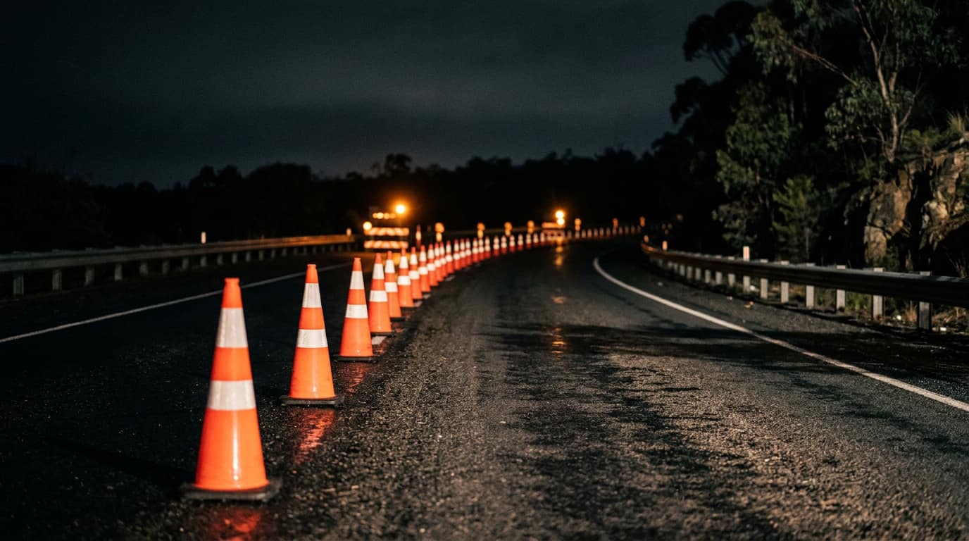 Traffic cones on an empty road