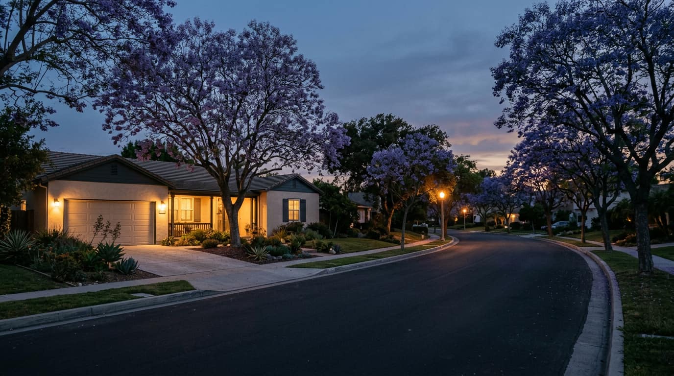 A suburban street at dusk