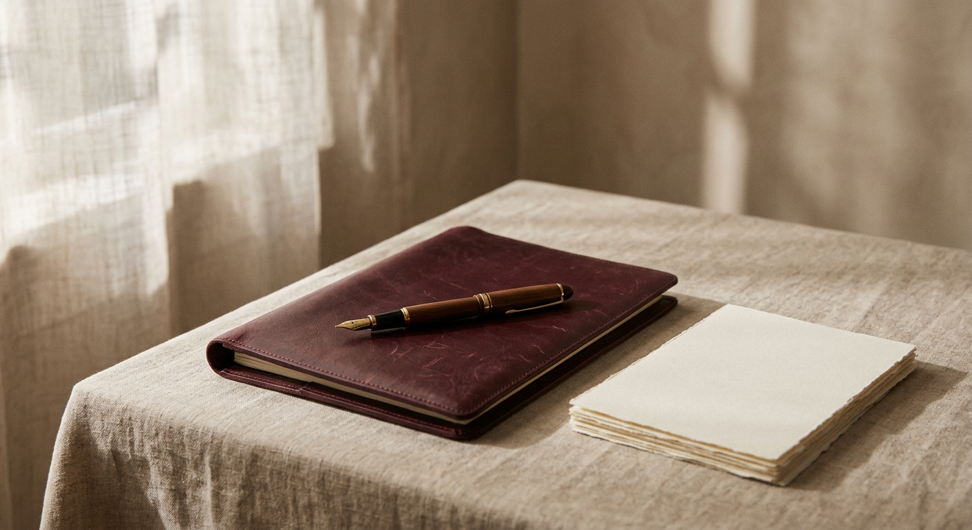 Afternoon light across a table with a pen and folio