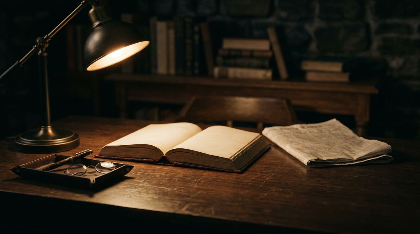 An open book beneath a reading lamp